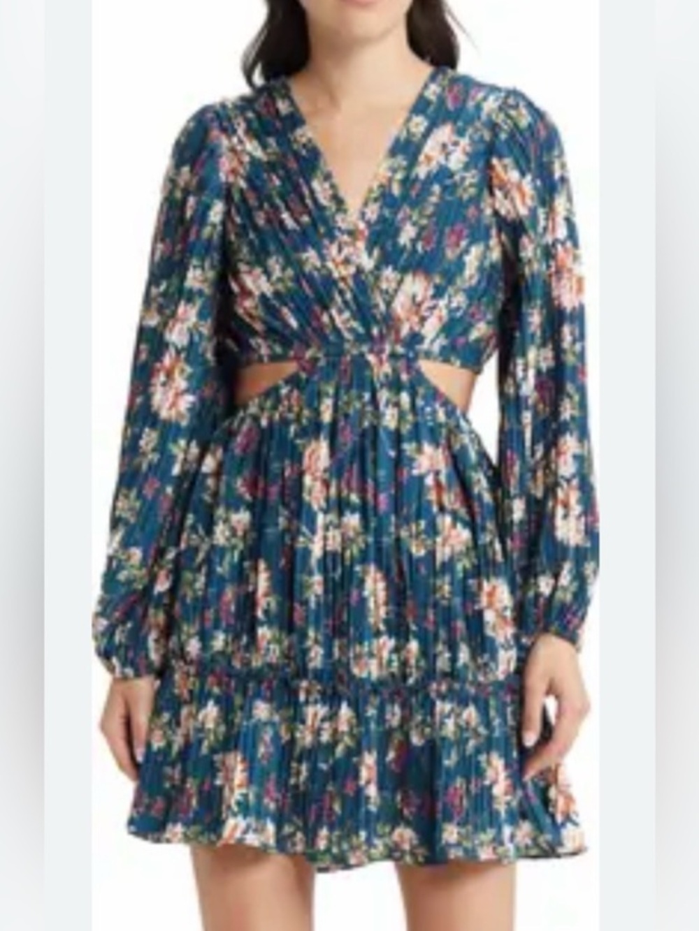 FLORET STUDIOS V-Neck Floral Side Cutout Long Sleeve Dress Size Medium